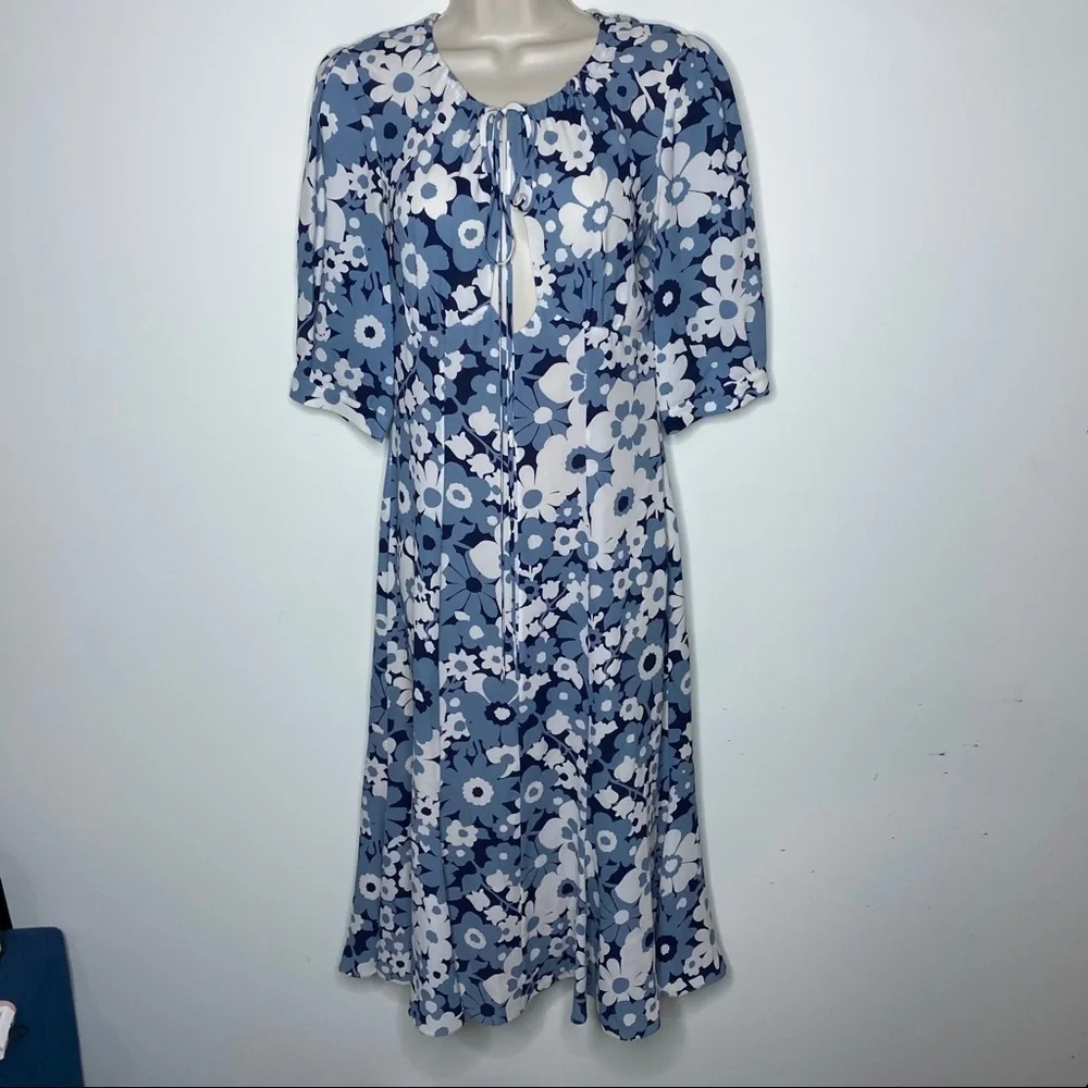 MICHAEL KORS COLLECTION Blue White Midi Floral Silk Georgette Dress sz 2